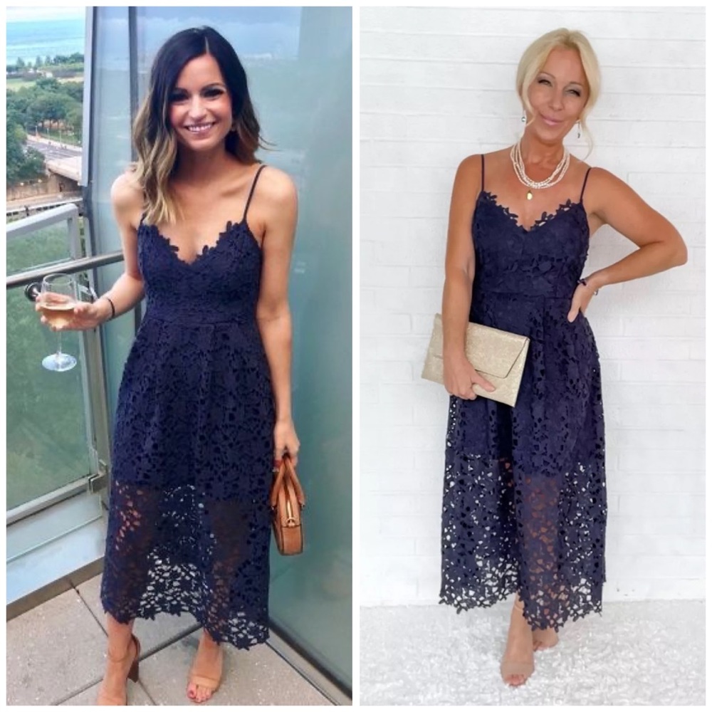 NEW Astr the Label Lace A-Line Midi Dress in Navy Blue Size Large BLOGGER FAV